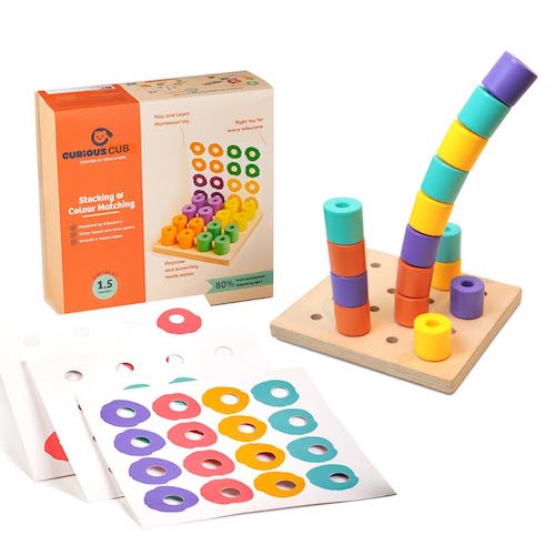 Curious Cub Montessori Stacking and Colour Matching Peg Board | Colour & Pattern Recognition Educational Wooden Toys | Fine Motor Skills | Hand-Eye Coordination & Brain Development | Sensory Learning