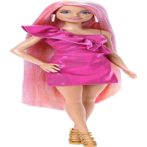 Barbie® Doll, Fun & Fancy™ Hair with Extra-Long Colorful Blonde Hair and Glossy Pink Dress, 10 Hair and Fashion Play Accessories