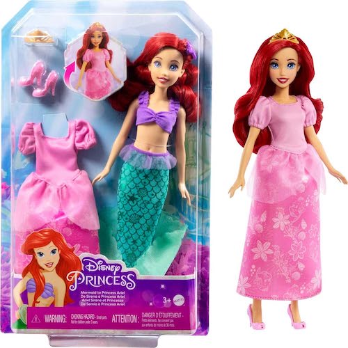 Disney Mattel Princess Toys, Ariel 2-in-1 Mermaid to Princess Doll with 2 Fashions and Accessories, Inspired by The Movies, Gifts for Kids