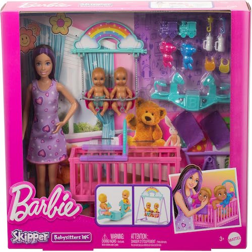 Barbie Skipper Doll & Nursery Playset with Accessories, Includes Twin Baby Dolls, 1 Crib, 1 Swing, 1 See-Saw & More, HXM99