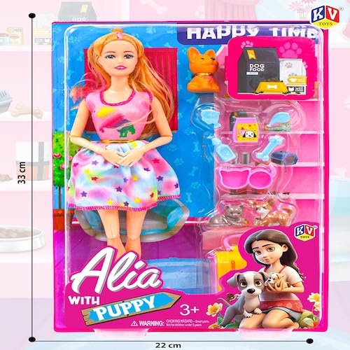 K. V. TOYS Alia Doll with Puppy Play Set 8+ Accessories | 29 CM Doll with Moveable Body Parts, Safe and Durable Non-Toxic Materials | Perfect for Kids Aged 3+